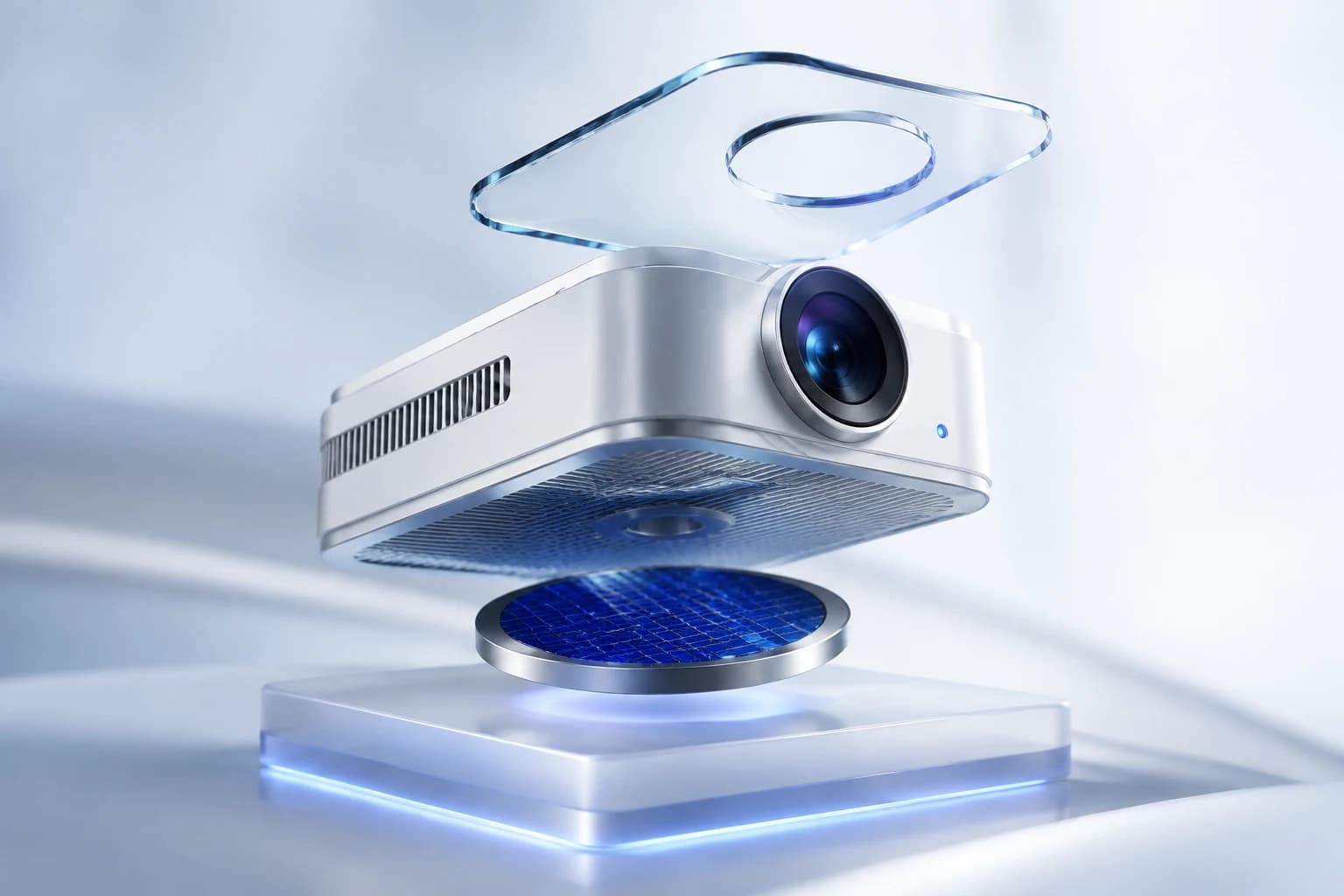 Exploded concept view of a pearl-white AI vision device with an optical lens, glass cover, and blue processor.