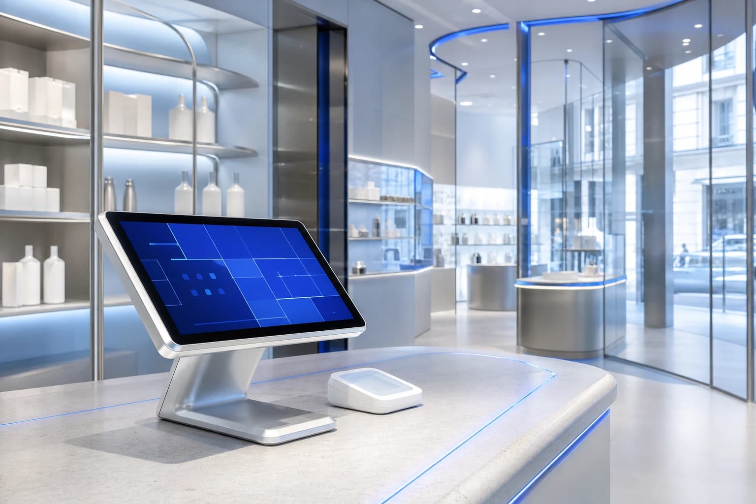 A connected checkout terminal and contactless reader in an airy glass-and-silver concept retail space.