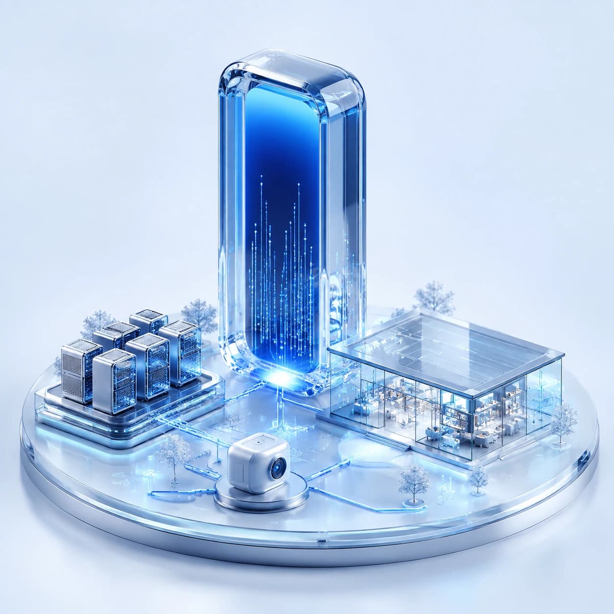 A blue glass intelligence core connecting cloud servers, a retail pavilion, and an AI device in a sculptural concept world.