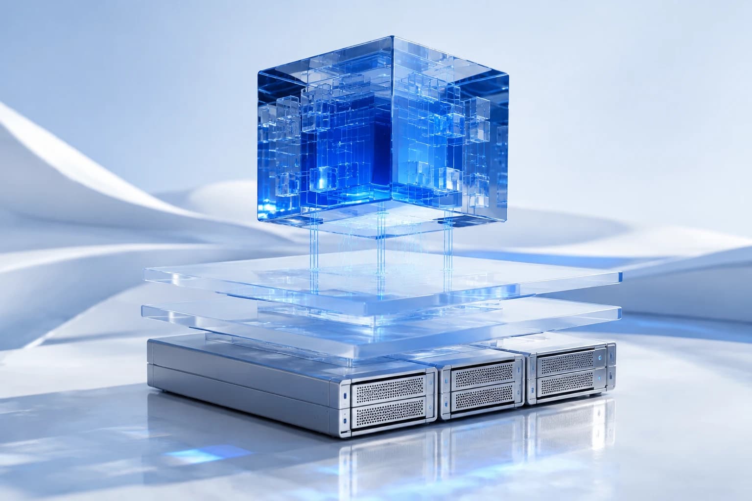 Concept visualization of a cobalt cloud core above layered glass platforms and precision silver servers.